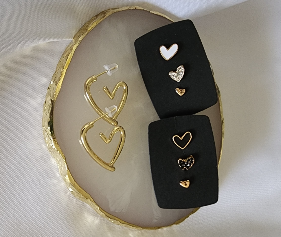 Gold Heart Hoops + Trio Earrings studs